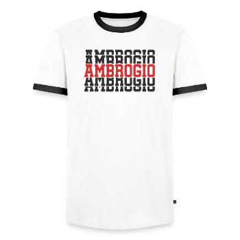 t-shirt Ambrogio gift t-shirt stacked text - Men's Ringer Shirt - white/black - Front - AI Model Female 172 light (172cm) & AI Model Male 178 dark (178cm)