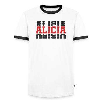 T-Shirt Alicia T-Shirt Geschenkidee gestapelter Text - Männer Kontrast-T-Shirt - Weiß/Schwarz - Vorne - AI Model Female 172 light (172cm) & AI Model Male 178 dark (178cm)