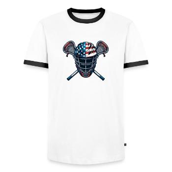 Lacrosse USA Flaggen Sport Helm - Männer Kontrast-T-Shirt - Weiß/Schwarz - Vorne - AI Model Female 172 light (172cm) & AI Model Male 178 dark (178cm)