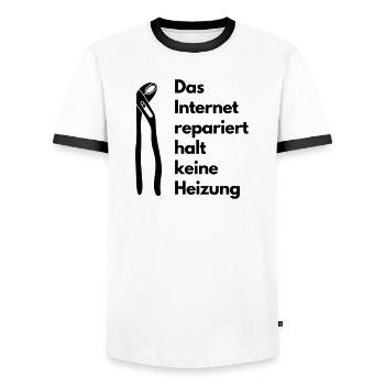 The Internet Repairs Just No Heating Shirt - Men's Ringer Shirt - white/black - Front - AI Model Female 172 light (172cm) & AI Model Male 178 dark (178cm)