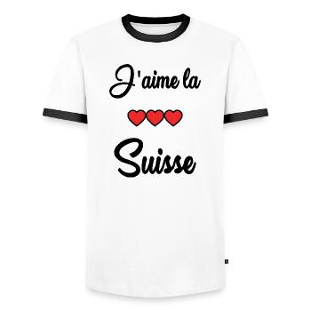 SWITZERLAND. HUMOR. COUNTRY. FLAG - Men's Ringer Shirt - white/black - Front - AI Model Female 172 light (172cm) & AI Model Male 178 dark (178cm)