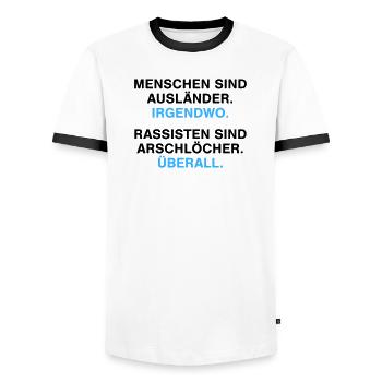 People are foreigners - Men's Ringer Shirt - white/black - Front - AI Model Female 172 light (172cm) & AI Model Male 178 dark (178cm)