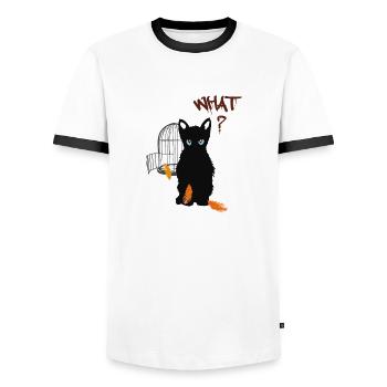 Little black cute kitten and bird - Men's Ringer Shirt - white/black - Front - AI Model Female 172 light (172cm) & AI Model Male 178 dark (178cm)
