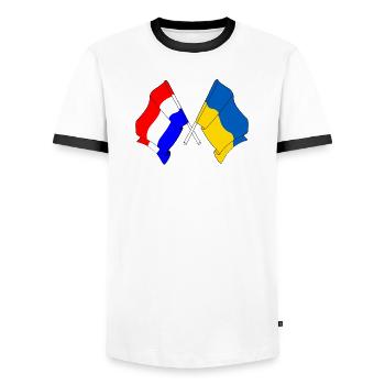 Flag of the Netherlands and flag of Ukraine - Men's Ringer Shirt - white/black - Front - AI Model Female 172 light (172cm) & AI Model Male 178 dark (178cm)