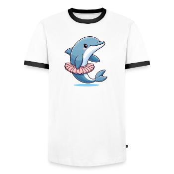 Ballett-Delfin: Anmutige Wellen - Männer Kontrast-T-Shirt - Weiß/Schwarz - Vorne - AI Model Female 172 light (172cm) & AI Model Male 178 dark (178cm)
