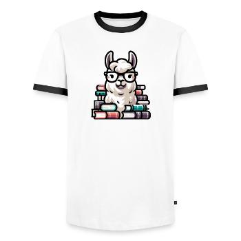 Bookworm Llama: The Literary Alpaca - Men's Ringer Shirt - white/black - Front - AI Model Female 172 light (172cm) & AI Model Male 178 dark (178cm)