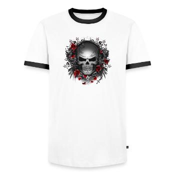 dark gothic skull with red roses - Men's Ringer Shirt - white/black - Front - AI Model Female 172 light (172cm) & AI Model Male 178 dark (178cm)