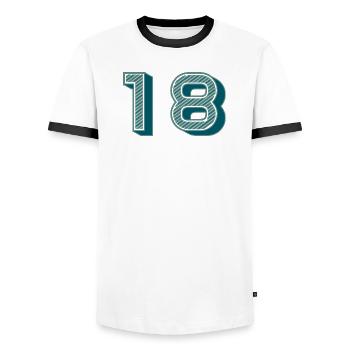 18. 18 YEARS OLD. 18th ANNIVERSARY - Men's Ringer Shirt - white/black - Front - AI Model Female 172 light (172cm) & AI Model Male 178 dark (178cm)