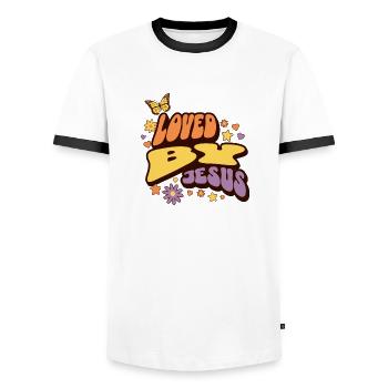 L’amour pour Jésus avec des fleurs et un papillon - T-shirt contrasté Homme - blanc/noir - Devant - AI Model Female 172 light (172cm) & AI Model Male 178 dark (178cm)