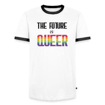LGBTQ Pride Month - The Future is Queer - Men's Ringer Shirt - white/black - Front - AI Model Female 172 light (172cm) & AI Model Male 178 dark (178cm)