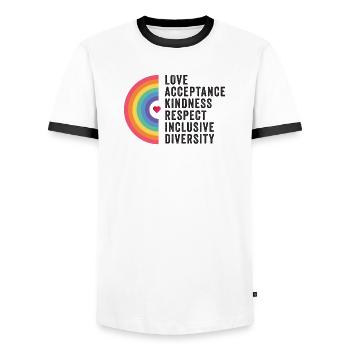 LGBT Pride Month - Liebe. Akzeptanz. Freundlichkeit. - Männer Kontrast-T-Shirt - Weiß/Schwarz - Vorne - AI Model Female 172 light (172cm) & AI Model Male 178 dark (178cm)