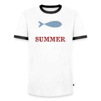 MISTRESS. THANK YOU. THANK YOU MISTRESS - Men's Ringer Shirt - white/black - Front - AI Model Female 172 light (172cm) & AI Model Male 178 dark (178cm)