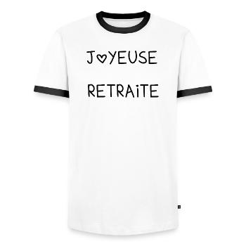 RUHESTAND. RUHESTAND. PENSIONIERT. GLÜCKLICHER RUHESTAND - Männer Kontrast-T-Shirt - Weiß/Schwarz - Vorne - AI Model Female 172 light (172cm) & AI Model Male 178 dark (178cm)