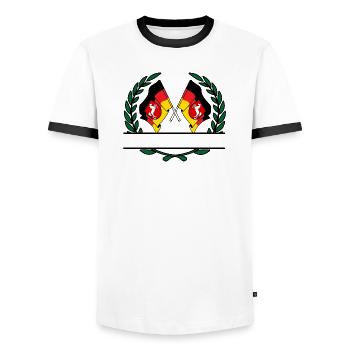 Drapeaux Basse-Saxe couronne de laurier bannière - T-shirt contrasté Homme - blanc/noir - Devant - AI Model Female 172 light (172cm) & AI Model Male 178 dark (178cm)