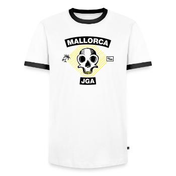 Mallorca – JGA unter Palmen - Männer Kontrast-T-Shirt - Weiß/Schwarz - Vorne - AI Model Female 172 light (172cm) & AI Model Male 178 dark (178cm)