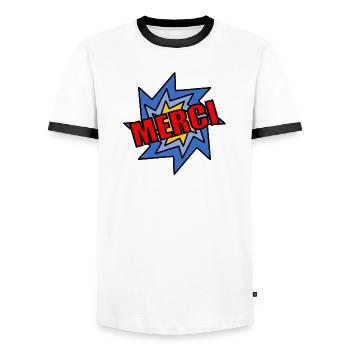 MAÎTRESSE. MERCI. MERCI MAÎTRESSE - T-shirt contrasté Homme - blanc/noir - Devant - AI Model Female 172 light (172cm) & AI Model Male 178 dark (178cm)