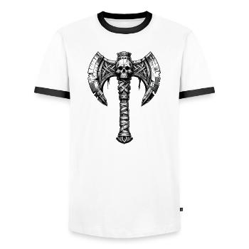 Design de crâne de hache lançant une hache - T-shirt contrasté Homme - blanc/noir - Devant - AI Model Female 172 light (172cm) & AI Model Male 178 dark (178cm)