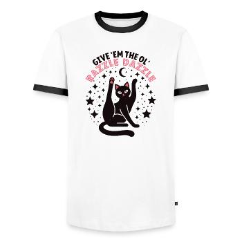 Funny cat: Give Them The Ol' Razzle Dazzle - Men's Ringer Shirt - white/black - Front - AI Model Female 172 light (172cm) & AI Model Male 178 dark (178cm)