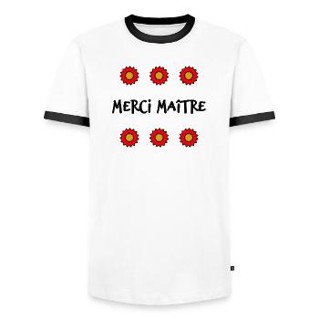 MAÎTRE. MAITRE. MERCI. MERCI MAÎTRE. MAITRE - T-shirt contrasté Homme - blanc/noir - Devant - AI Model Female 172 light (172cm) & AI Model Male 178 dark (178cm)