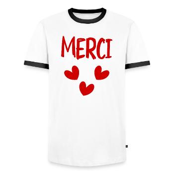 MAÎTRESSE. MERCI. MERCI MAÎTRESSE - T-shirt contrasté Homme - blanc/noir - Devant - AI Model Female 172 light (172cm) & AI Model Male 178 dark (178cm)