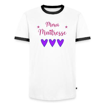 MISTRESS. THANK YOU. THANK YOU MISTRESS - Men's Ringer Shirt - white/black - Front - AI Model Female 172 light (172cm) & AI Model Male 178 dark (178cm)