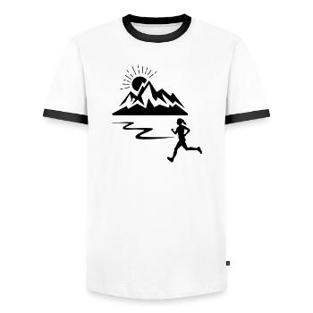 Läuferin Frau mit Bergen - Männer Kontrast-T-Shirt - Weiß/Schwarz - Vorne - AI Model Female 172 light (172cm) & AI Model Male 178 dark (178cm)