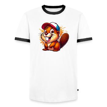 Beaver with baseball cap - Men's Ringer Shirt - white/black - Front - AI Model Female 172 light (172cm) & AI Model Male 178 dark (178cm)