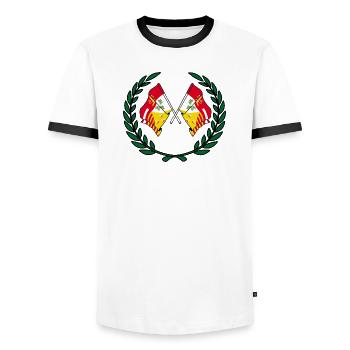 Flags of the Liège in laurel wreath - Men's Ringer Shirt - white/black - Front - AI Model Female 172 light (172cm) & AI Model Male 178 dark (178cm)