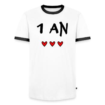 1. 1 year. 1st ANNIVERSARY. 1 YEAR ANNIVERSARY ANNIVERSARY. ANNI - Men's Ringer Shirt - white/black - Front - AI Model Female 172 light (172cm) & AI Model Male 178 dark (178cm)