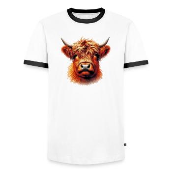 Schottische Hochlandkuh - Männer Kontrast-T-Shirt - Weiß/Schwarz - Vorne - AI Model Female 172 light (172cm) & AI Model Male 178 dark (178cm)