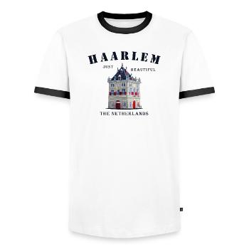 Haarlem Facade De Waag, Netherlands Hand Drawing - Men's Ringer Shirt - white/black - Front - AI Model Female 172 light (172cm) & AI Model Male 178 dark (178cm)