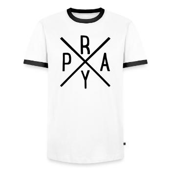 pray - Men's Ringer Shirt - white/black - Front - AI Model Female 172 light (172cm) & AI Model Male 178 dark (178cm)