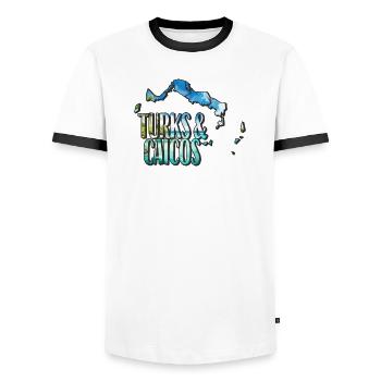 Watercolor Map of Turks and Caicos - Men's Ringer Shirt - white/black - Front - AI Model Female 172 light (172cm) & AI Model Male 178 dark (178cm)