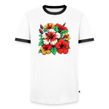 Fleurs d’hibiscus - T-shirt contrasté Homme - blanc/noir - Devant - AI Model Female 172 light (172cm) & AI Model Male 178 dark (178cm)