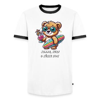 Summer Surf Bear – Relaxed and Cool! - Men's Ringer Shirt - white/black - Front - AI Model Female 172 light (172cm) & AI Model Male 178 dark (178cm)