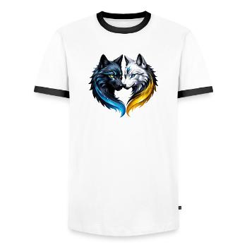 Têtes de loup majestueuses. - T-shirt contrasté Homme - blanc/noir - Devant - AI Model Female 172 light (172cm) & AI Model Male 178 dark (178cm)