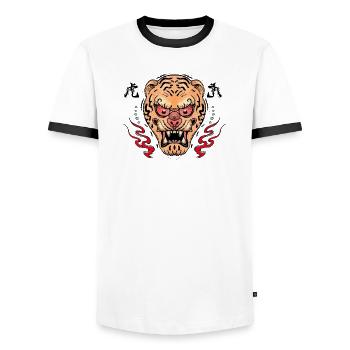 Illustration du masque Tiger Oni - T-shirt contrasté Homme - blanc/noir - Devant - AI Model Female 172 light (172cm) & AI Model Male 178 dark (178cm)