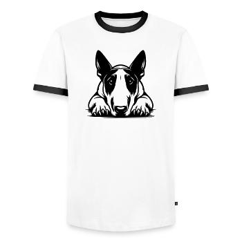 Bull Terrier Head with Paws - Men's Ringer Shirt - white/black - Front - AI Model Female 172 light (172cm) & AI Model Male 178 dark (178cm)