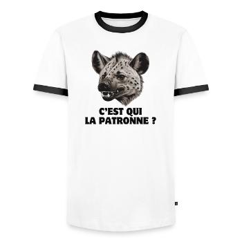 patronne, humour de bureau, hyène - T-shirt contrasté Homme - blanc/noir - Devant - AI Model Female 172 light (172cm) & AI Model Male 178 dark (178cm)
