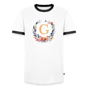 G Monogram, Flower Wreath, Personalizable - Men's Ringer Shirt - white/black - Front - AI Model Female 172 light (172cm) & AI Model Male 178 dark (178cm)