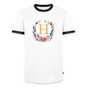 H Monogram, Flower Wreath, Personalizable - Men's Ringer Shirt - white/black - Front - AI Model Female 172 light (172cm) & AI Model Male 178 dark (178cm)
