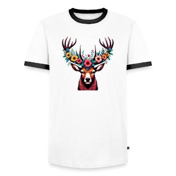 Cerf avec des fleurs - T-shirt contrasté Homme - blanc/noir - Devant - AI Model Female 172 light (172cm) & AI Model Male 178 dark (178cm)