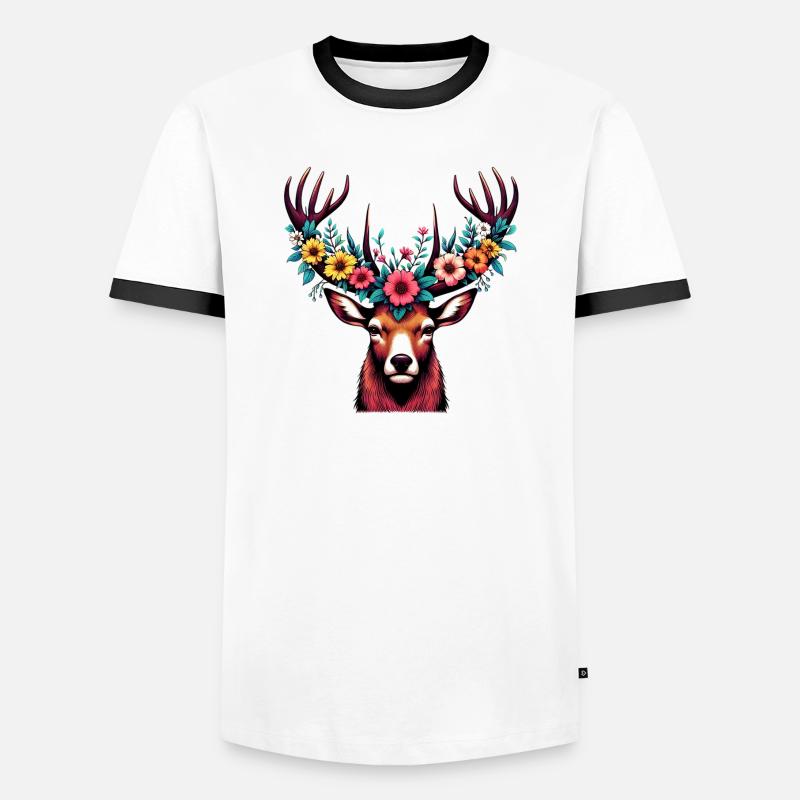 Hirsch mit Blumen - Männer Kontrast-T-Shirt - Weiß/Schwarz