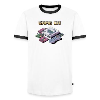 Retro Gaming Console Design - Men's Ringer Shirt - white/black - Front - AI Model Female 172 light (172cm) & AI Model Male 178 dark (178cm)