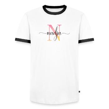 N | Monogram | Name | Nadja |Watercolor - Men's Ringer Shirt - white/black - Front - AI Model Female 172 light (172cm) & AI Model Male 178 dark (178cm)
