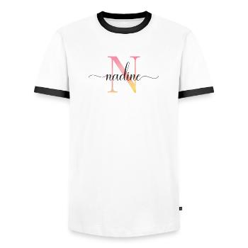 N | Monogram | Name | Nadine |Watercolor - Men's Ringer Shirt - white/black - Front - AI Model Female 172 light (172cm) & AI Model Male 178 dark (178cm)