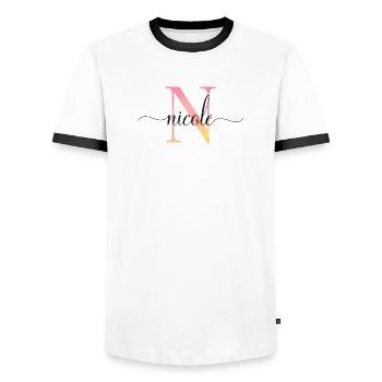 N | Monogram | Name | Nicole |Watercolor - Men's Ringer Shirt - white/black - Front - AI Model Female 172 light (172cm) & AI Model Male 178 dark (178cm)