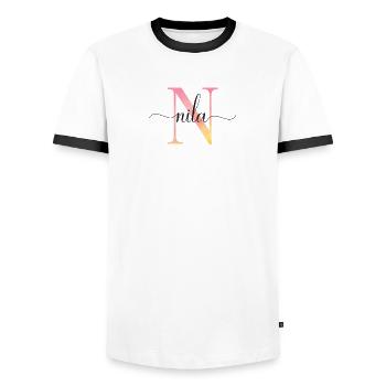 N | Monogramme | Nom | Nila |Aquarelle - T-shirt contrasté Homme - blanc/noir - Devant - AI Model Female 172 light (172cm) & AI Model Male 178 dark (178cm)