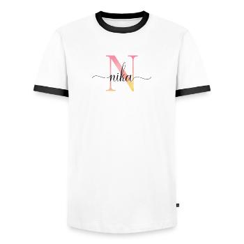 N | Monogram | Name | Nika |Watercolor - Men's Ringer Shirt - white/black - Front - AI Model Female 172 light (172cm) & AI Model Male 178 dark (178cm)