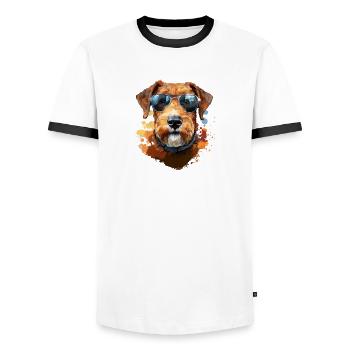Airedale Terrier avec lunettes de soleil - T-shirt contrasté Homme - blanc/noir - Devant - AI Model Female 172 light (172cm) & AI Model Male 178 dark (178cm)